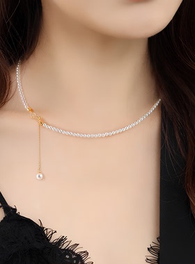 节日礼物18k金正圆珍珠小米粒锁骨链节日情人节礼物送女友送妈妈