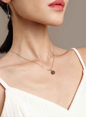 S925银强光8-9mm大溪地黑珍珠吊链项链节日礼物送妈妈老婆礼物