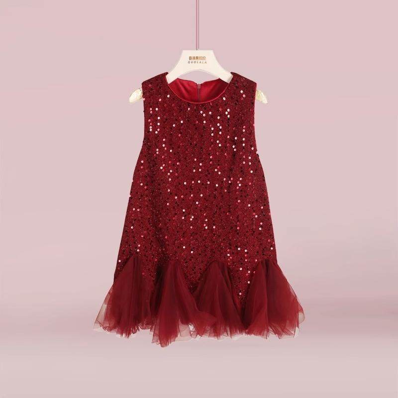 果拉拉千金风女童连衣裙生日过年衣服红色儿童亮片公主背心裙加绒,淘宝优惠券,粉丝福利购,淘宝优惠卷