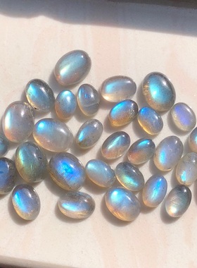 天然灰月光裸石椭圆戒面DIY手工绕线镶嵌戒指手链吊坠耳钉拉长石