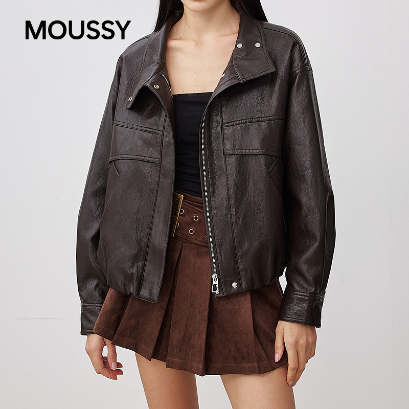 moussy 2025秋季新品潮酷时尚简约拉链皮衣外套女028IAC30-1069