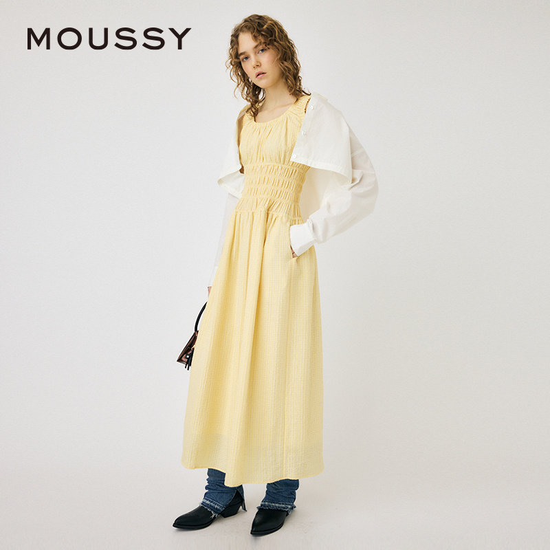 MOUSSY 2024夏季新品度假风抽褶收腰优雅无袖连衣裙010HSS30-0960-图0