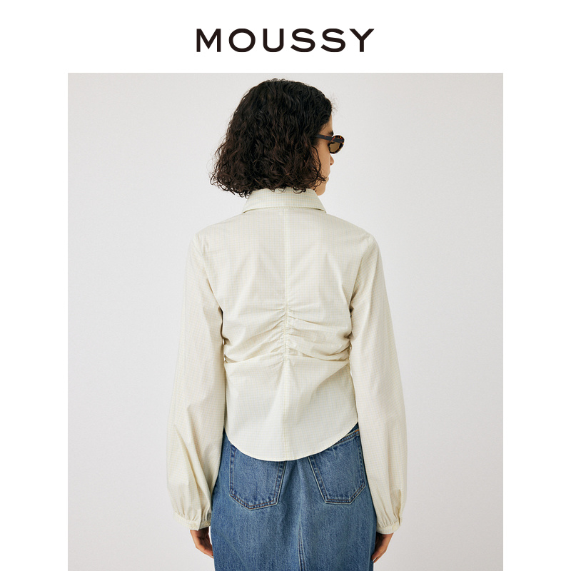 MOUSSY 甜美日系休闲格纹小巧多巴胺翻领抽褶衬衫女010GAS30-6730 - 图2