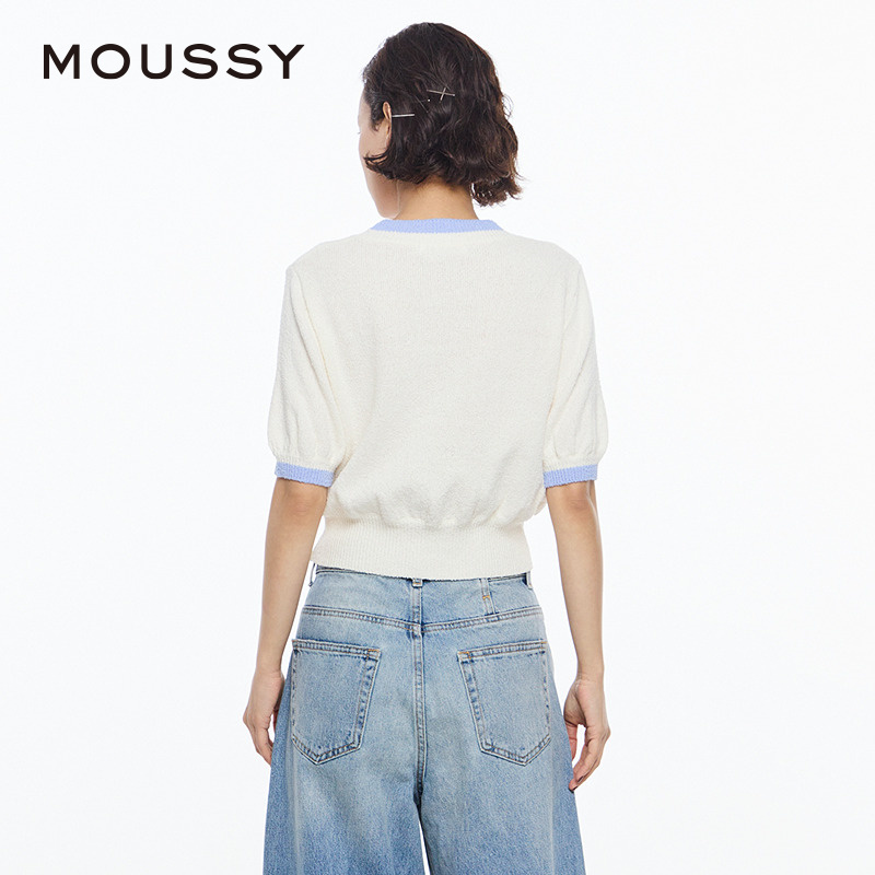 MOUSSY 2024夏季新品随性度假风拼色圆领字母针织衫028HSZ70-1181 - 图2