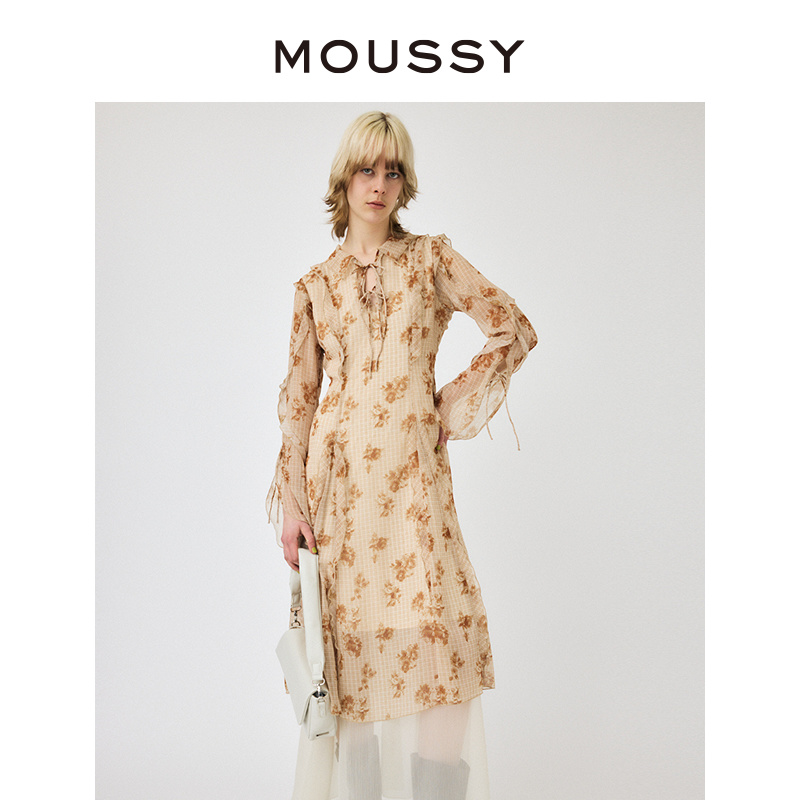 MOUSSY 2024夏季新品浪漫南法度假花卉荷叶边连衣裙010HS730-0280