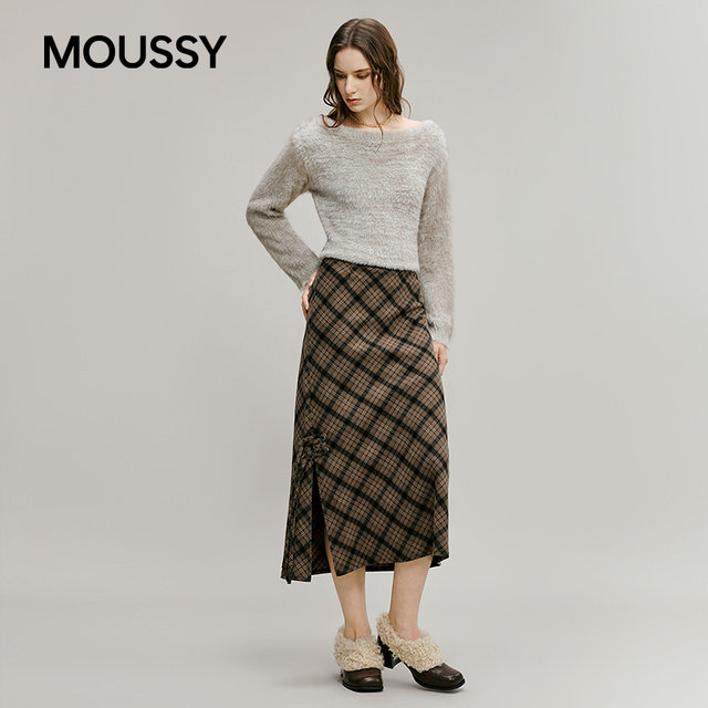 MOUSSY 2026 spring new retro plaid contrasting straight slit skirt for women 028IAA31-1031