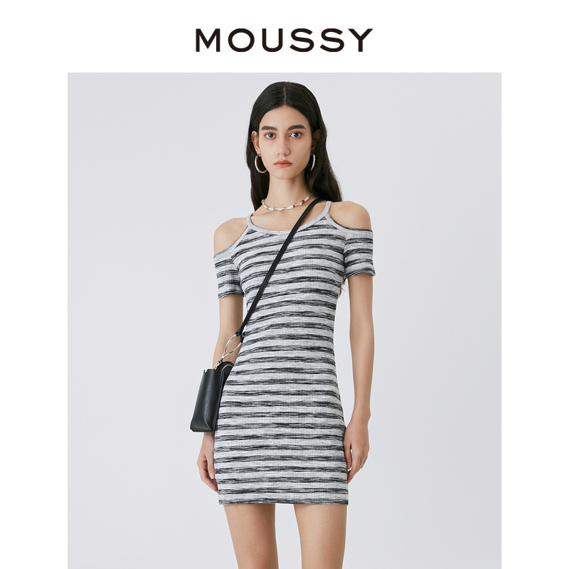 MOUSSY  夏季新品美式辣妹风条纹露肩修身连衣裙女028GSZ80-0070 - 图0