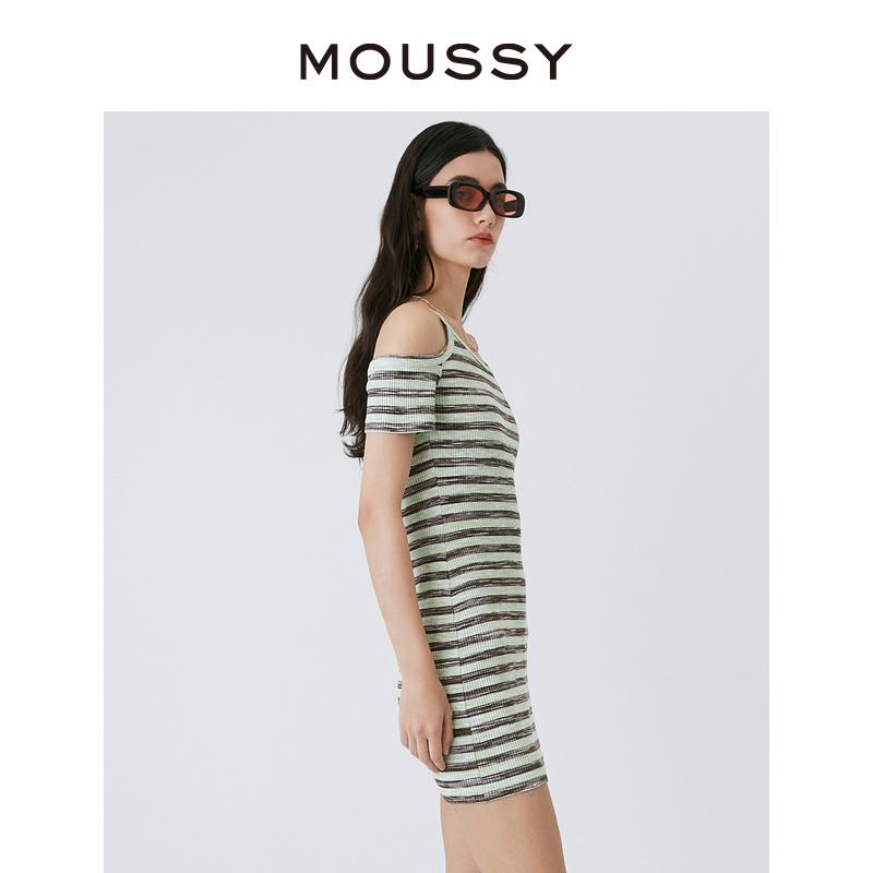 MOUSSY  夏季新品美式辣妹风条纹露肩修身连衣裙女028GSZ80-0070