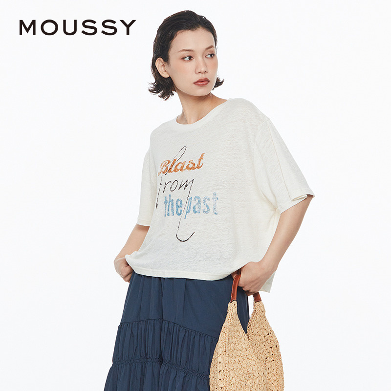 MOUSSY 2024夏季新品随性慵懒感字母印花亚麻T恤女028HSZ90-1151 - 图1