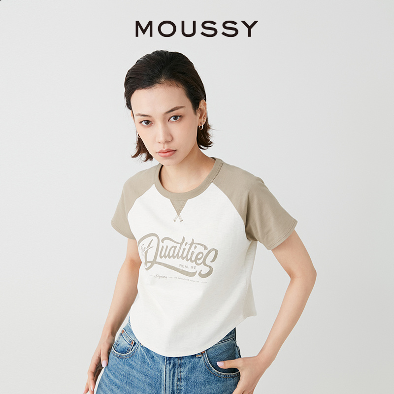 MOUSSY 2024夏季新品撞色插肩袖字母印花休闲T恤女028HSZ90-0611 - 图0