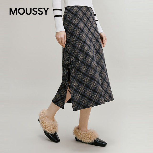 MOUSSY 2026 spring new retro plaid contrasting straight slit skirt for women 028IAA31-1031