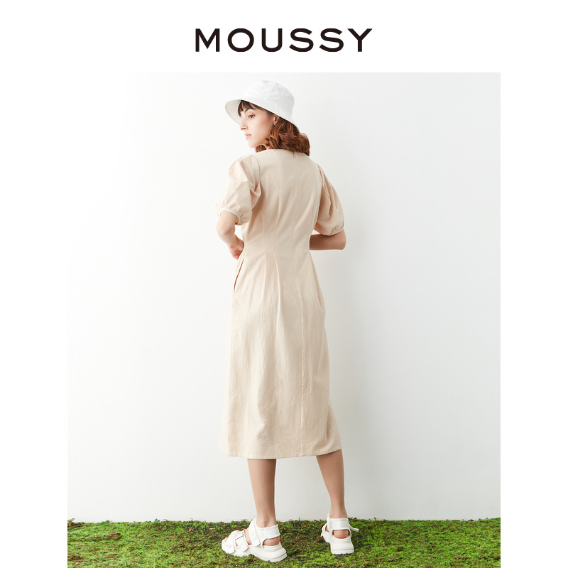 MOUSSY 夏季新品淑女风宫廷感泡泡袖系带休闲连衣裙028GSZ30-0390