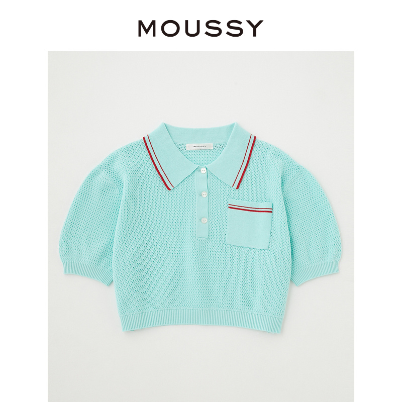 MOUSSY 夏季新品学院风短款休闲POLO领短袖针织衫女010GSL70-0440 - 图3