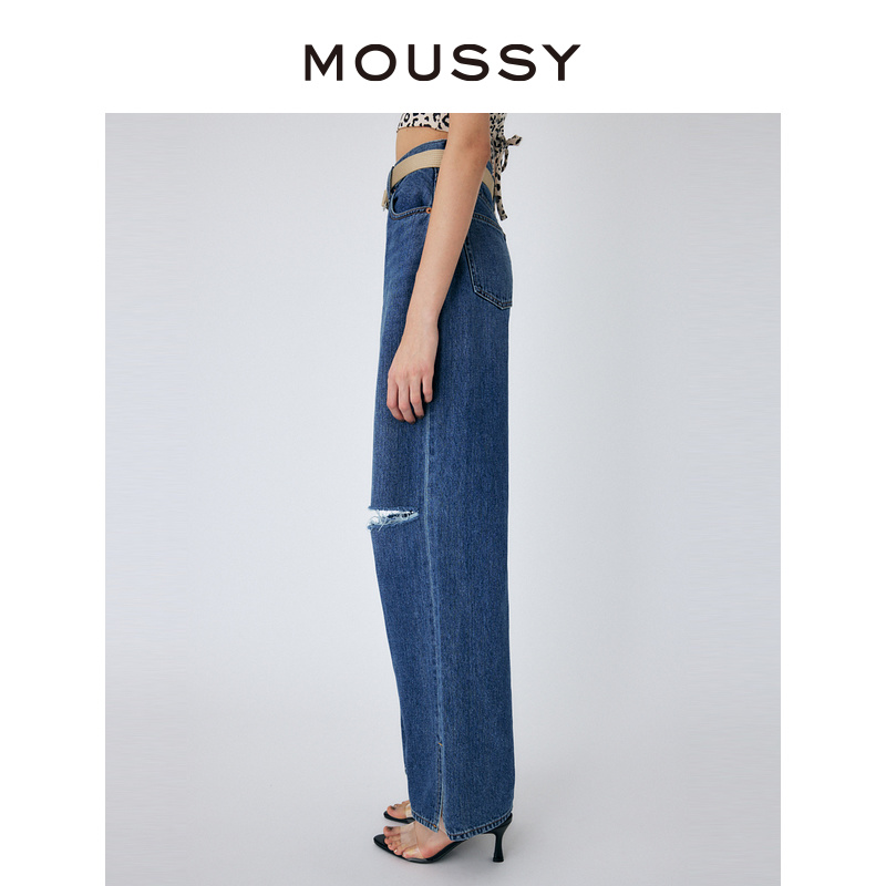 MOUSSY 夏季新品休闲风宽松直筒破洞牛仔裤女010GSS11-0310