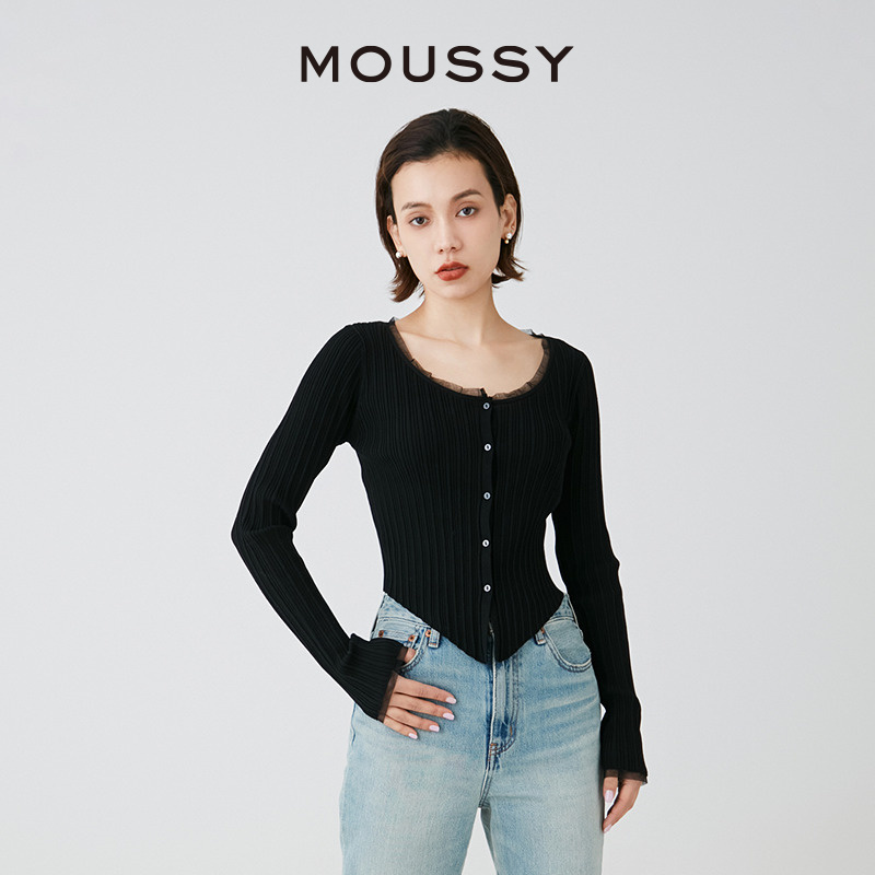 MOUSSY 2024新品简约通勤风针织开衫薄纱修身小上衣010HSS70-0350 - 图0