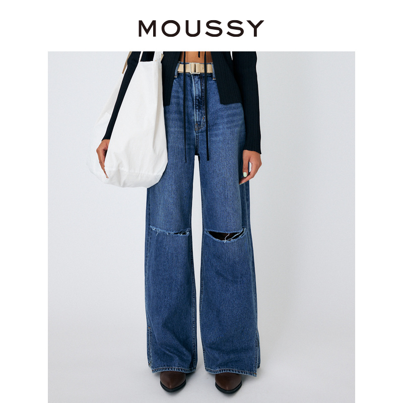 MOUSSY 夏季新品休闲风宽松直筒破洞牛仔裤女010GSS11-0310