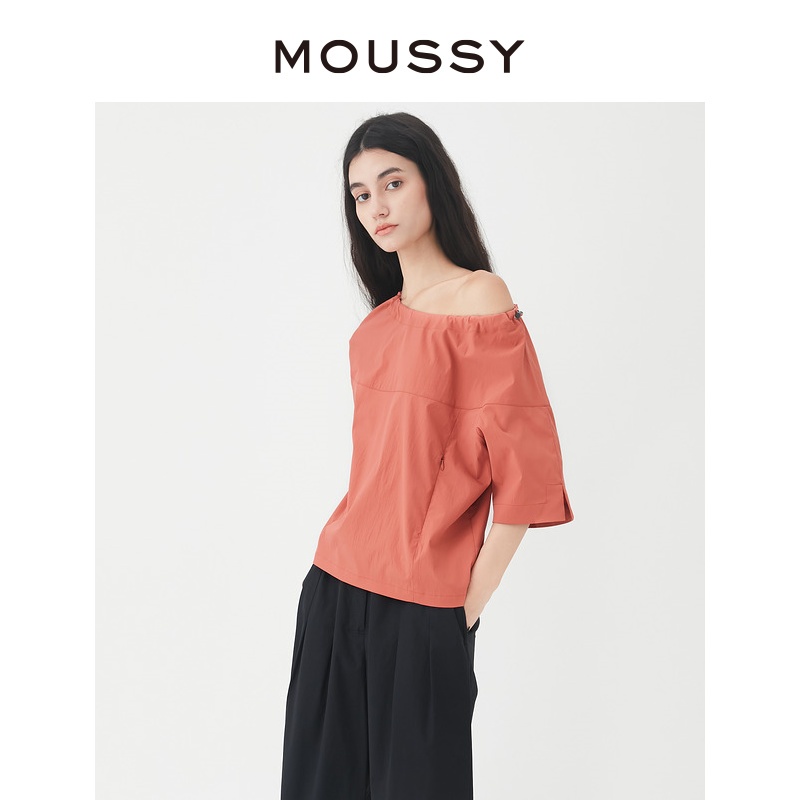 MOUSSY 夏季新品日系简约风领口抽绳五分袖衬衫女028GS230-0030 - 图0