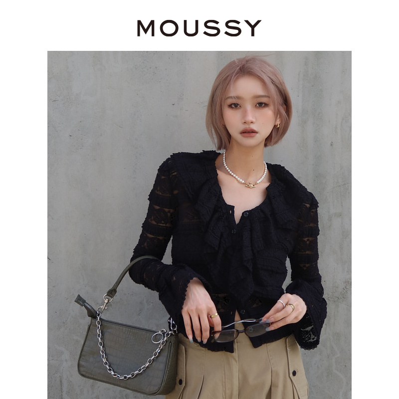 MOUSSY 新品淑女风圆领蕾丝镂空荷叶边长袖纯色衬衫028GSZ30-0140 - 图0