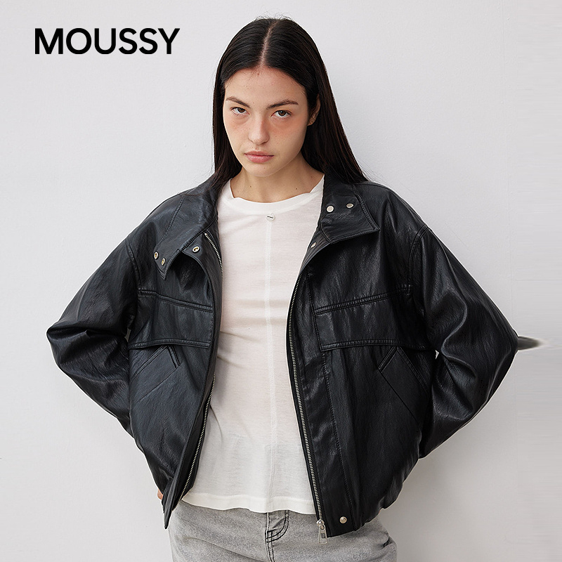 moussy 2025秋季新品潮酷时尚简约拉链皮衣外套女028IAC30-1069