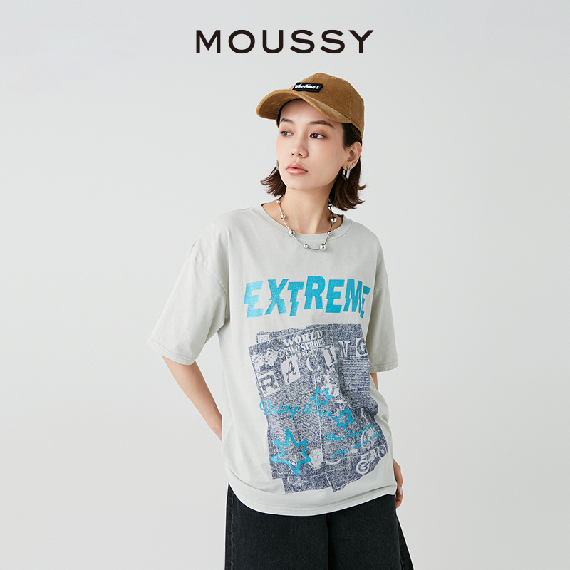 MOUSSY 2024夏季新品美式学院风印花宽松T恤028HS490-0040 - 图0