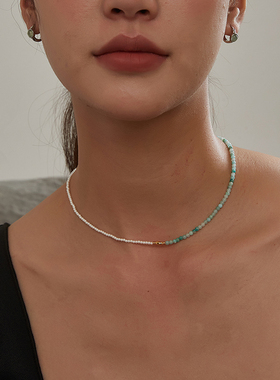 KITSH翠绿天河石珍珠拼接项链女小众ins简约高级气质通勤锁骨链