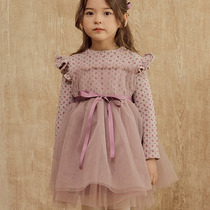 LFMM Korean childrens clothing girl small broken flower web yarn dress with dress lace butterfly knot 2023 winter style C109