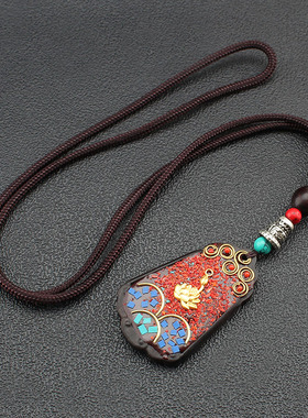 民族风尼泊尔莲花黑檀木毛衣链异域风情唐卡吊坠项链男女百搭配饰