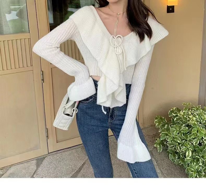 2025春秋纯欲风小众设计感荷叶边毛衣针织系带减龄上衣女喇叭袖,淘宝优惠券,粉丝福利购,淘宝优惠卷