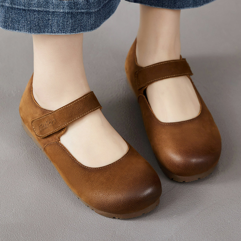 头层牛皮女鞋复古风玛丽珍鞋平底魔术贴圆头浅口百搭舒适休闲单鞋,淘宝优惠券,粉丝福利购,淘宝优惠卷