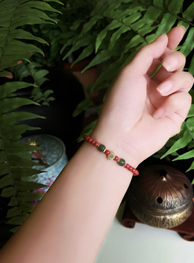 「南墙竹影」高含量帝王砂朱砂手链本命年红手绳和田玉新中式手串