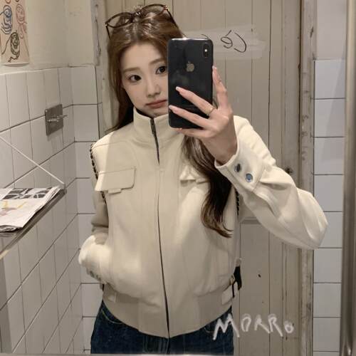 JAMUUS春秋新款白杏色麂皮外套女韩系休闲机车夹克百搭短款上衣 - 图0