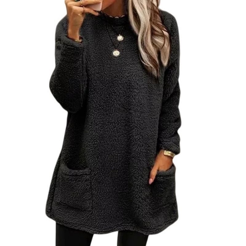 T Women's Long Sleeve Pocket Plush Sweater T-shirt Top - 图0