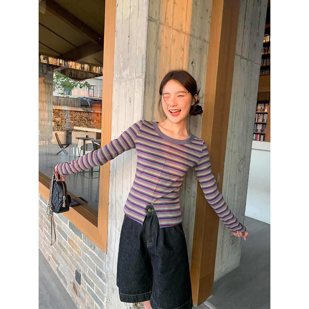 你好卡农 撞色条纹衣摆开叉长袖t恤女春季新款修身显瘦设计感上衣,淘宝优惠券,粉丝福利购,淘宝优惠卷