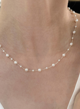 夏季满天星渐变正圆白色珍珠项链S925通体纯银简约百搭个性锁骨链