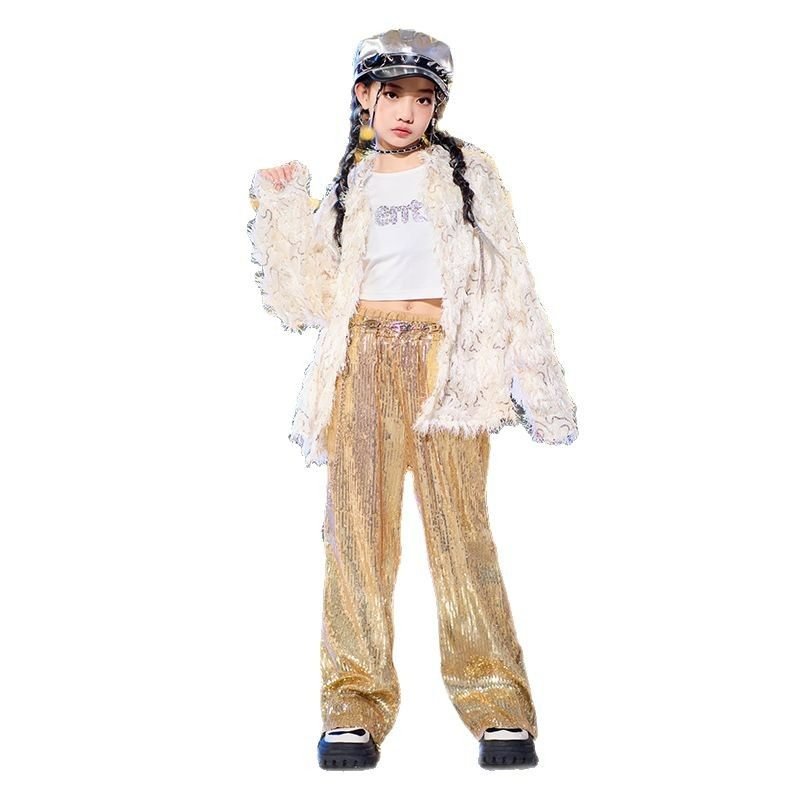 女童爵士舞jazz少儿街舞演出服炸街毛绒外套男童套装金色亮片裤子,淘宝优惠券,粉丝福利购,淘宝优惠卷