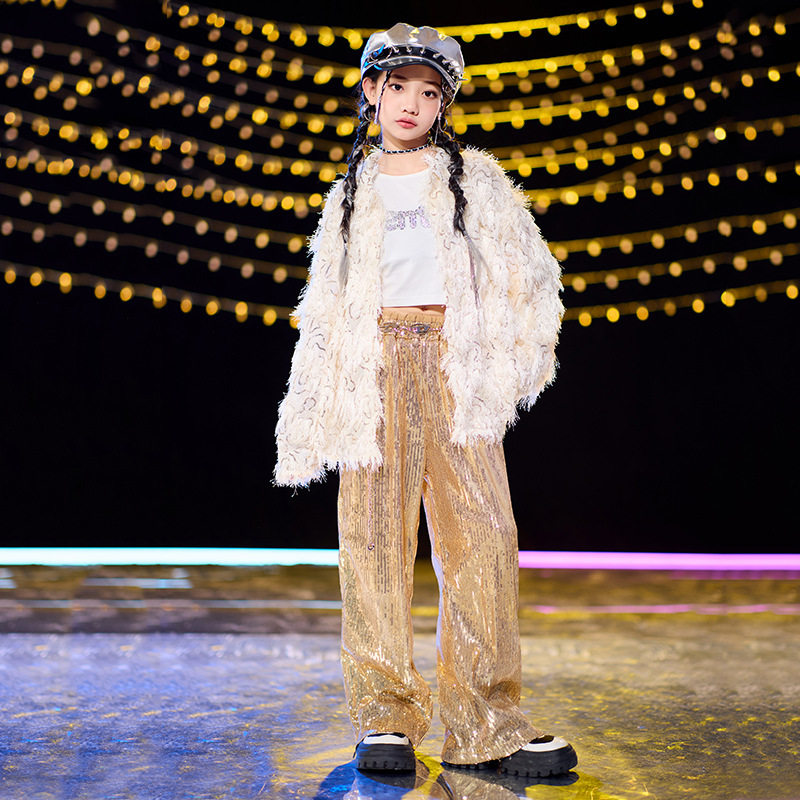 女童爵士舞jazz少儿街舞演出服炸街毛绒外套男童套装金色亮片裤子,淘宝优惠券,粉丝福利购,淘宝优惠卷