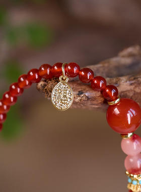 天然红玛瑙手链本色飘花玛瑙双圈手串本命年双圈玛瑙叠戴手串