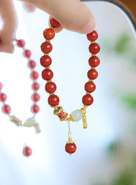 天然红玛瑙手链女和田玉小蛮腰好运手串相思豆本命年七夕礼物