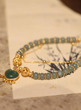 天然翡翠手链女福锁绣球双链叠戴古风精致平安福锁手链