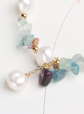 天然彩绿萤石珍珠手链 淡水珍珠手饰品欧美风14k包金直播货源热卖