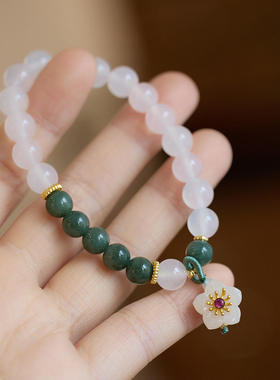 新中式天然8MM白玛瑙手链女芙蓉花森系花朵吊坠翡翠玉石手串