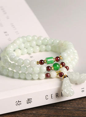 天然A货翡翠玉石绕三圈手链 配珠干青石榴石 葫芦双貔貅吊坠