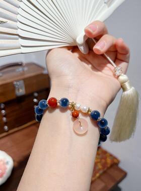天然8MM蓝溏心玛瑙手链女草莓晶平安扣宫廷风香灰琉璃手串礼物
