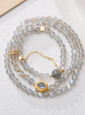 天然月光石水晶手链女S925银海蓝宝神仙公主三圈手链闺蜜礼物