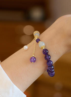 小众设计天然8MM紫水晶手链女吊珍珠流苏女手串饰品闺蜜礼物