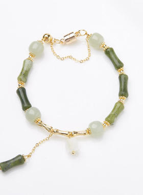 天然橄榄玉竹节手链女一叶暴富铃兰花和田玉石手链送闺蜜礼物