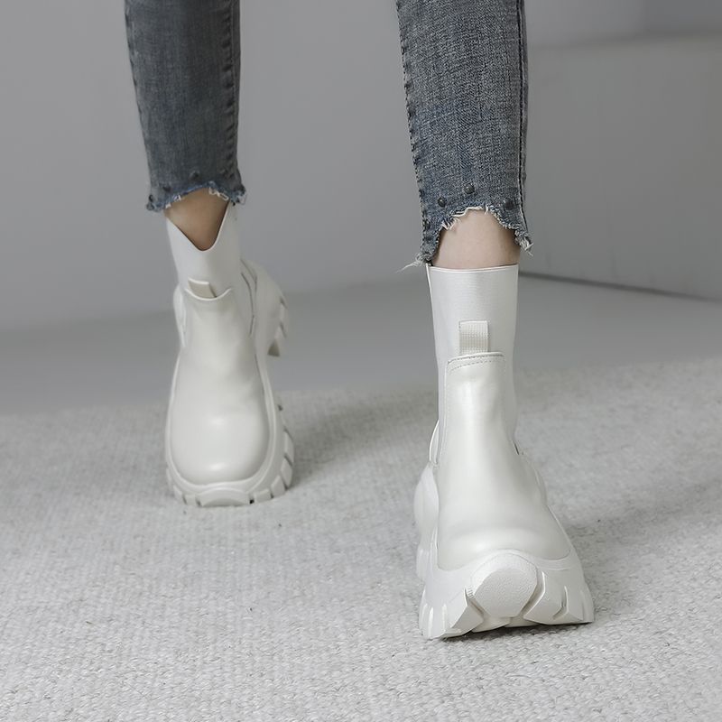 欧洲站2025秋冬新款真皮松糕马丁靴女厚底休闲增高中筒切尔西短靴 - 图2