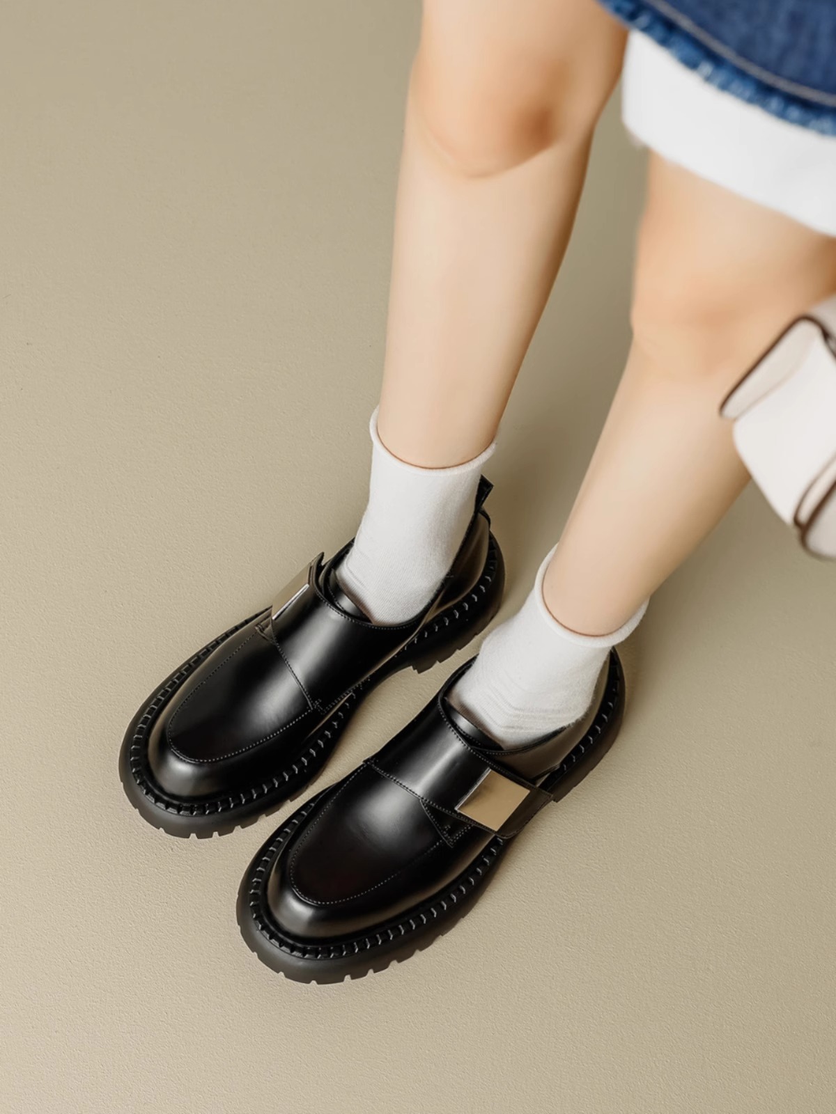 厚底金属扣乐福鞋女ins潮2025春季新款真皮英伦风小皮鞋粗跟单鞋,淘宝优惠券,粉丝福利购,淘宝优惠卷