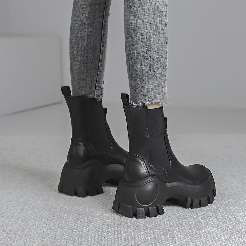 欧洲站2025秋冬新款真皮松糕马丁靴女厚底休闲增高中筒切尔西短靴 - 图1