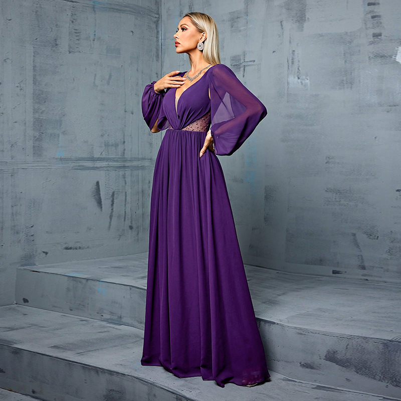 紫色礼服女新款法式雪纺长裙 maxi dress women gown long dress - 图1